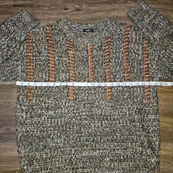 VTG GeeGee Cable Knit Sweater Sz Lg Suede Textured Design Inserts Brown,Black - Picture 11 of 12